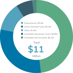 Planned giving total: $11 million (Endowments: $5.3M, Donor Advised Funds: $3.3M, Other: $1.4M, Charitable Remainder Trusts: $0.8M, Charitable Gift Annuities: $0.2M.